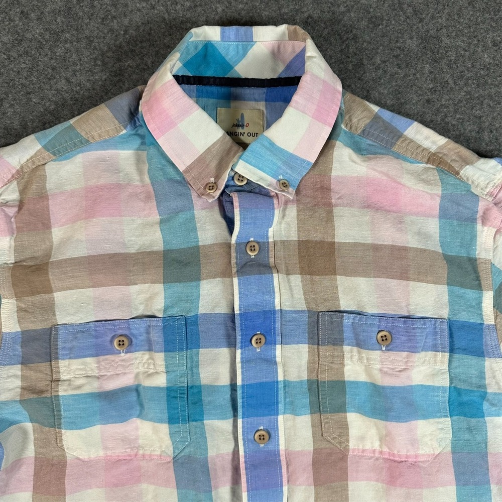 Johnnie O Hangin Out Button Down Short Sleeve Shirt Linen Men Size Medium READ‎